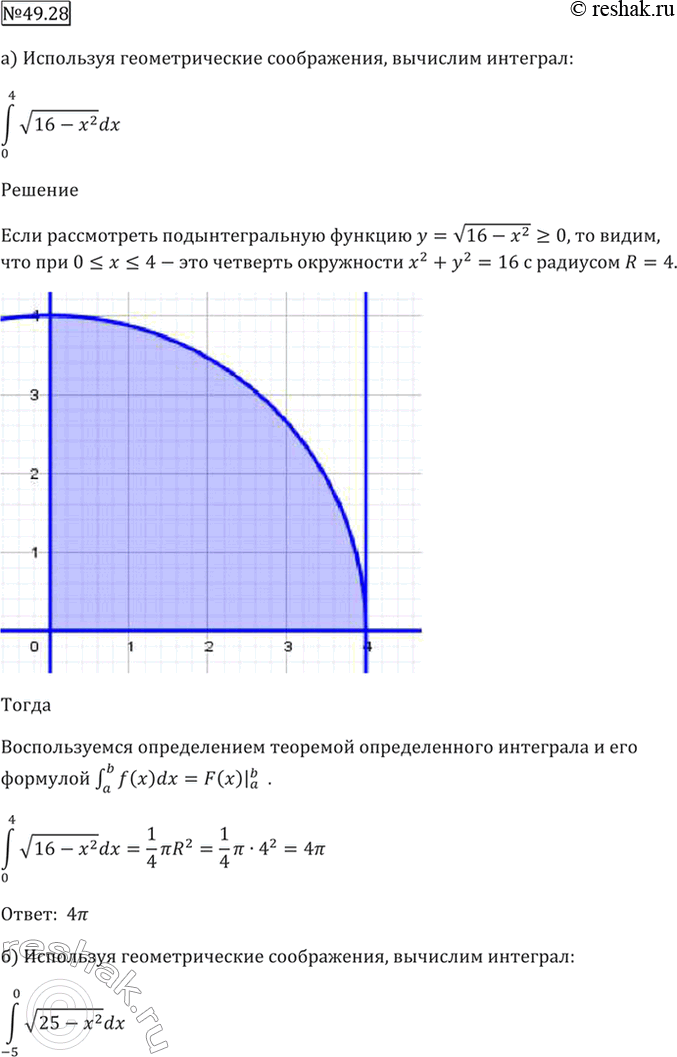  49.28   ,  :) (0 4) (16 - x^2) dx; ) (-5 0) (25 - x^2)...