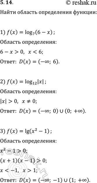  5.14.    :1) f(x)=log_7 (6-x);   4) f(x)=log_0,4 (7x-x^2);2) f(x)=log_12 |x|;   5) f(x)=lg (x+2)-2lg (x+5);3) f(x)=lg (x^2-1);   6)...