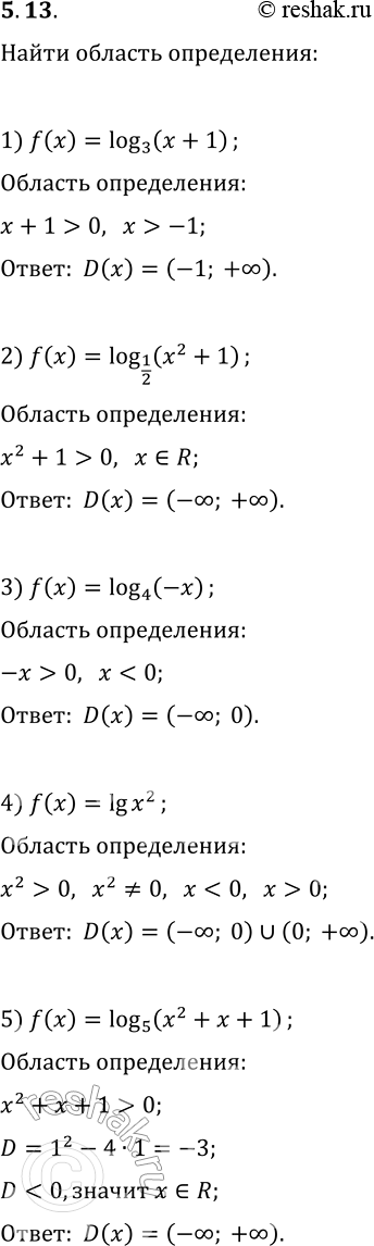  5.13.    :1) f(x)=log_3 (x+1);   5) f(x)=log_5 (x^2+x+1);2) f(x)=log_(1/2) (x^2+1);   6) f(x)=log_0,6 (5x-6-x^2);3) f(x)=log_4...