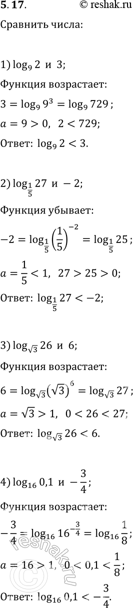  5.17. :1) log_9 2  3;   3) log_v3 26  6;2) log_(1/5) 27  -2;   4) log_16 0,1 ...