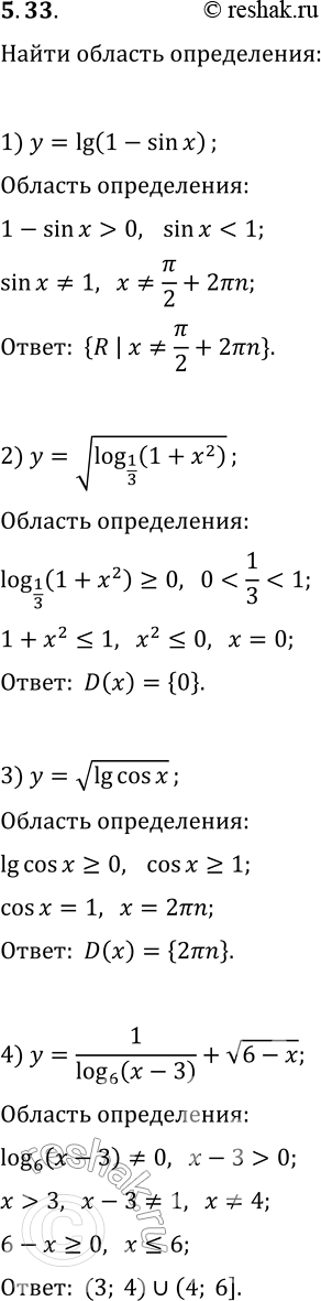  5.33.    :1) y=lg (1-sin x);   5) y=v((x+1)(3-x)/lg (x^2+1));1) y=v(log_(1/3) (1+x^2));   6) y=log_5 (x^2-4x+3)+1/log_5 (7-x);3)...