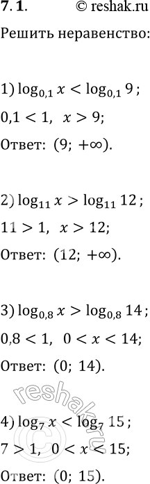  7.1.  :1) log_0,1 xlog_8 7;3) log_0,8 x>log_0,8 14;   7) log_(2/9) (x-4)>log_(2/9) 2;4) log_7...