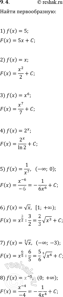  9.4.     :1) f(x)=5;   5) f(x)=1/x^7   (-?; 0);2) f(x)=x;   6) f(x)=vx   [1; +?);3) f(x)=x^6;   7)...