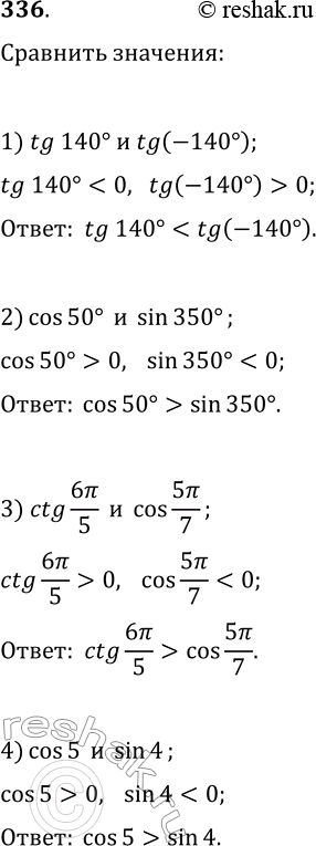  336. :1) tg(140)  tg(-140);   3) ctg(6?/5)  cos(5?/7);2) cos(50)  sin(350);  4) cos(5) ...