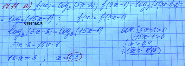  17.11. ) ,  f(x) = log3(5x - 2).   f(x) = f(3 - 1).)	,  f(x) - log2(8x - 1).   f(x)=f(x/2 + 5))	, ...