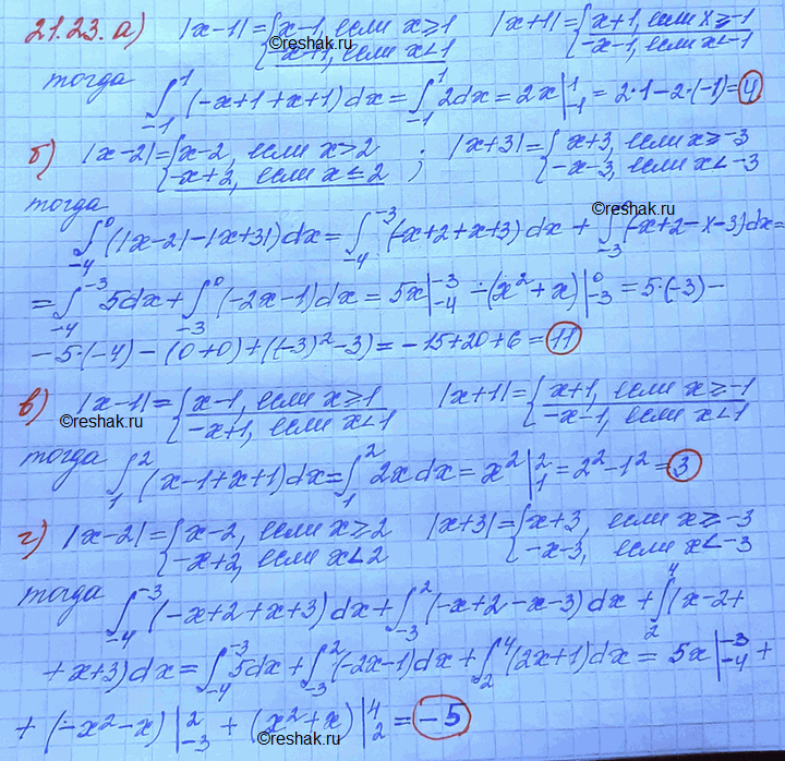  21.23) (-1;1) (|x-1|+|x+1|)dx;) (-4;0) (|x-2|+|x+3|)dx;) (1;2) (|x-1| + |x+1|)dx;) (-4;4)...