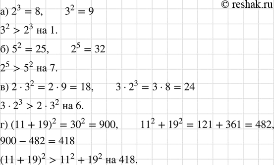      :) 2^3  3^2;	) 5^2  2^5;	) 2 * 3^2  3 * 2^3;) (11 + 19)2  11^2 +...