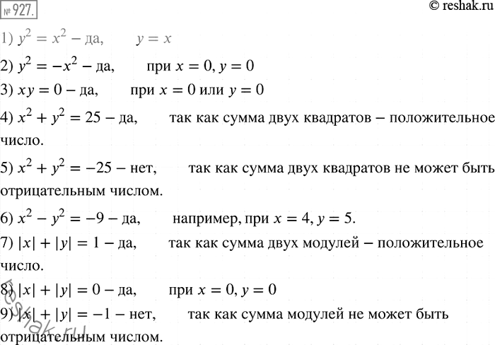  927    :1) y2=2;		2) 2 = -2;		3)  = 0;		4) 2+2=25;5) 2 + 2 = -25;6) 2 - 2 - -9;7) || + || = 1;8) || + || = 0;9)...