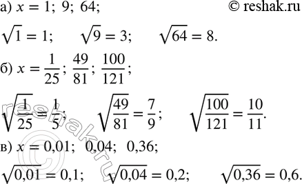  228.    vx    :) x=1; 9; 64; ) x=1/25;  49/81;  100/121; ) x=0,01;  0,04;  0,36....