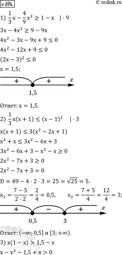  694.  :1)  1/3 x-4/9 x^2?1-x; 2)  1/3 x(x+1)?(x-1)^2; 3) x(1-x)>1,5-x; 4)  1/3 x-4/9?x(x-1); 5) x(x/4-1)?x^2+x+1; 6) 2x-2,5>x(x-1). ...