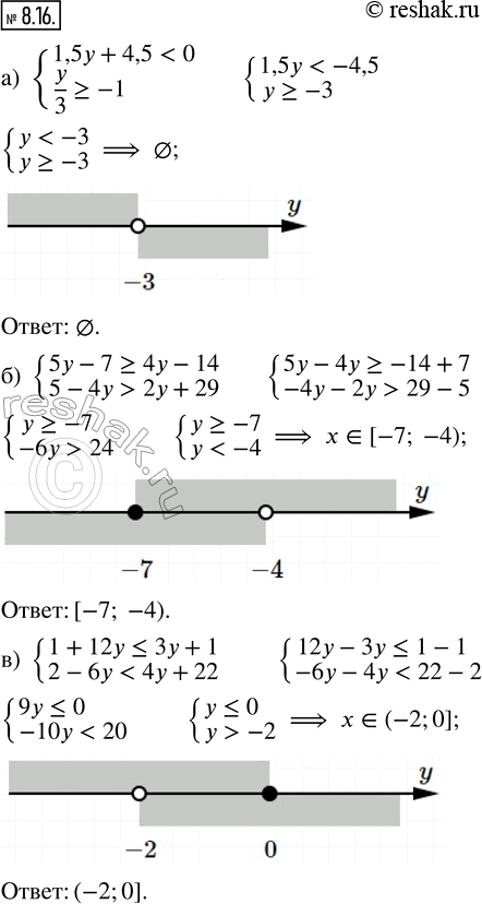  8.16.   : ) {1,5y + 4,5 < 0; y/3 ? -1}; ) {5y - 7 ? 4y - 14; 5 - 4y > 2y + 29}; ) {1 + 12y ? 3y + 1; 2 - 6y < 4y +22}; ) {5y/6 - 10 <...