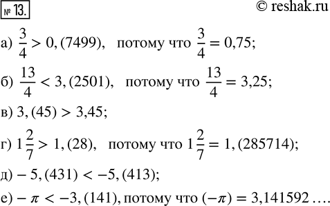  13.  :) 3/4  0,(7499);    ) 1 2/7  1,(28);) 13/4  3,(2501);   ) -5,(431)  -5,(413);) 3,(45)  3,45;     ) -? ...