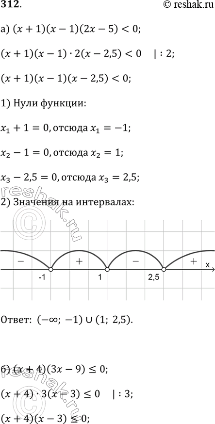  312.  :) ( + 1)( - 1)(2 - 5) < 0;   ) (2 - 3)( + 5) > 0;) ( + 4)(3 - 9) ? 0;   ) ( - 3)(3 - 2)( + 2) ? 0.. ...