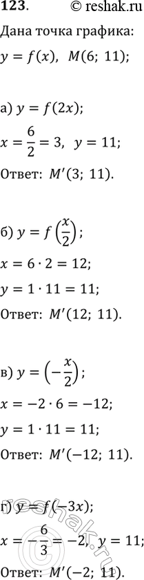  123.  M(6; 11)    y=f(x).   ,  :) y=f(2x);   ) y=f(x/2);   ) y=f(-x/2);   )...