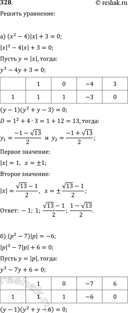  328.  ,    :) (x^2-4)|x|+3=0;   ) 3/(|x|-2)-9/(|x|+3)=x^2/(x^2+|x|-6);) (p^2-7)|p|=-6;   )...