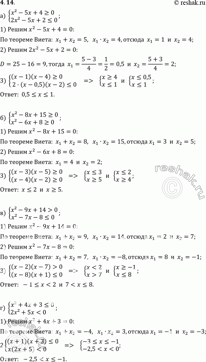  4.14 ) x2-5x+4>=0,2x2-5x+2=0,x2-6x+8>=0;)...