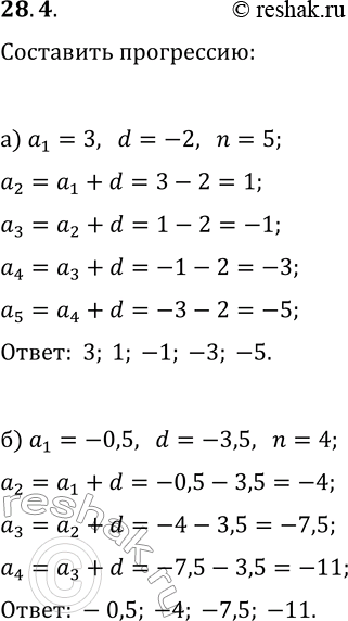  28.4.     (a_n),  :) a_1=3, d=-2, n=5;   ) a_1=-2, d=3, n=4;) a_1=-0,5, d=-3,5, n=4;   ) a_1=1/6, d=1/3,...