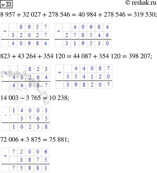  33. 8 957 + 32 027 + 278 546     14 003 - 3 765     72 006 + 3 875823 + 43 264 + 354 120		  ...