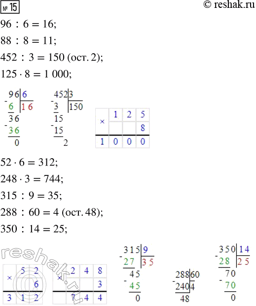  15.  .96 :       52  6       350 : 1488 : 8      248  3      (354 - 127)  100452 : 3     315 : 9      (398 + 176)  1 000125  8     288 :...