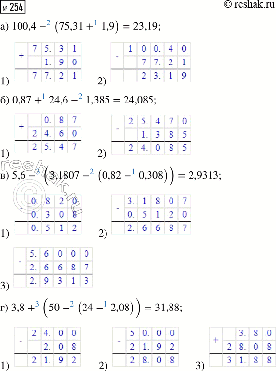  254.   :) 100,4 - (75,31 + 1,9);     ) 5,6 - (3,1807 - (0,82 - 0,308));) 0,87 + 24,6 - 1,385;       ) 3,8 + (50 - (24 -...