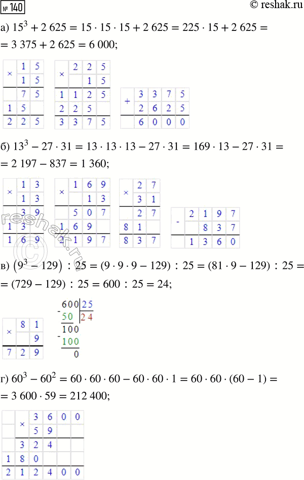  140.   :) 15^3 + 2625;   )13^3 - 27  31;   ) (9^3 - 129) : 25;   ) 60^3 -...