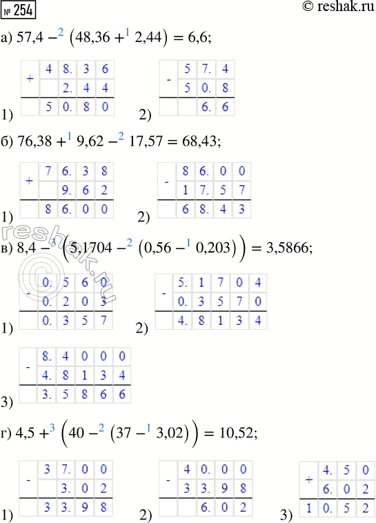  254.   :) 57,4 - (48,36 + 2,44);     ) 8,4 - (5,1704 - (0,56 - 0,203));) 76,38 + 9,62 - 17,57;      ) 4,5 + (40 - (37 -...