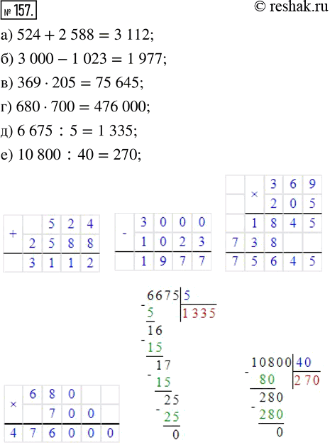  157.  :) 524 + 2588;    ) 369  205;   ) 6675 : 5;) 3000 - 1023;   ) 680  700;   ) 10 800 :...