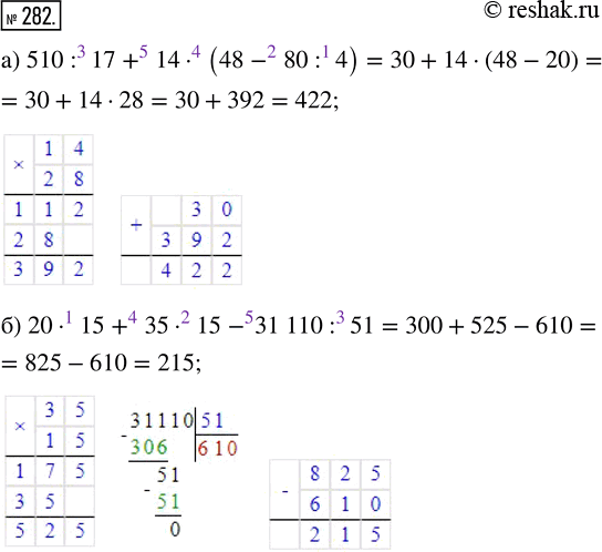  282.   :) 510 : 17 + 14  (48 - 80 : 4);   6) 20  15 + 35  15 - 31 110 :...