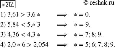  212.      ,    :1) 3,61 > 3,6*;     3) 4,36 < 4,3*;2) 5,84 < 5,*3;     4) 2,0*6 >...