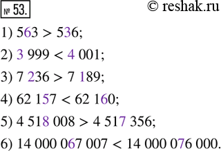  53.  .1) 563 ___ 536         4) 62 157 ____ 62 1602) 3 999 ___ 4 001     5) 4 518 008 ____ 4 517 3563) 7 236 ___ 7 189     6) 14 000 067 007 ____ 14...