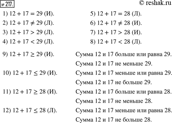  217.   .      .1) 12 + 17 = 29;   5) 12 + 17 = 28;    9) 12 + 17 ? 29;2) 12 + 17 ?...