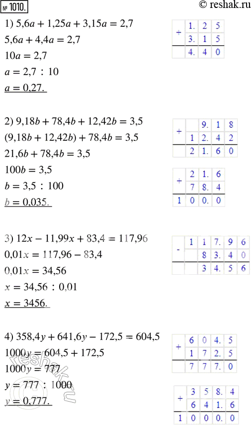  1010.  :1) 5,6 + 1,25 + 3,15 = 2,7;      3) 12x - 11,99x + 83,4 = 117,96;2) 9,18b + 78,4b + 12,42b = 3,5;    4) 358,4 + 641,6y - 172,5 =...