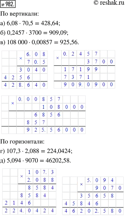  982.    :) 6,08  70,5;) 0,2457  3700;) 108 000  0,00857; :) 107,3  2,088;) 5,094 ...