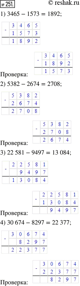  251.     :1) 3465 - 1573;     2) 5382 - 2674;3) 22 581 - 9497;   4) 30 674 -...