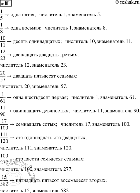  101.  :1/5; 1/8; 10/11; 12/23; 20/57; 1/61; 11/90; 17/100; 111/120; 100/277; 15/582.  ...