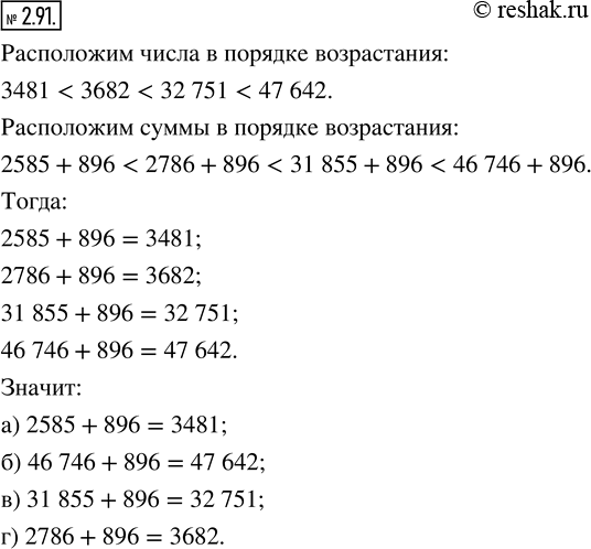  2.91.    3682, 47 642, 3481, 32 751     :) 2585 + 896;   ) 46 746 + 896;   ) 31 855 + 896;   ) 2786 +...