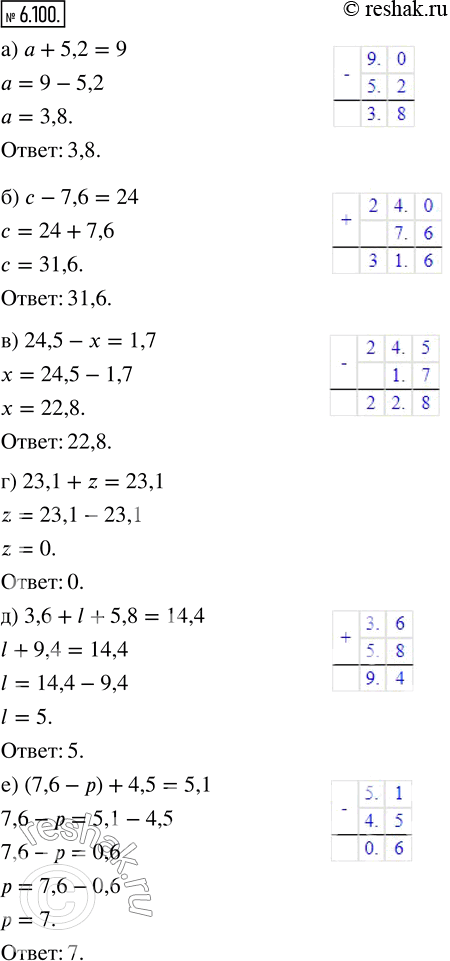  6.100.  :)  + 5,2 = 9;       ) 23,1 + z = 23,1;)  - 7,6 = 24;      ) 3,6 + l + 5,8 = 14,4;) 24,5 -  = 1,7;    ) (7,6 - ) + 4,5 =...