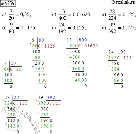  6.256.     :) 7/20;  ) 9/80;  ) 13/800;  ) 24/192;  ) 28/224;  )...