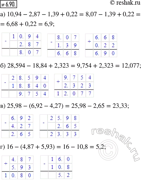  6.90. :) 10,94 - 2,87 - 1,39 + 0,22;     ) 25,98 - (6,92 - 4,27);) 28,594 - 18,84 + 2,323;         ) 16 - (4,87 +...