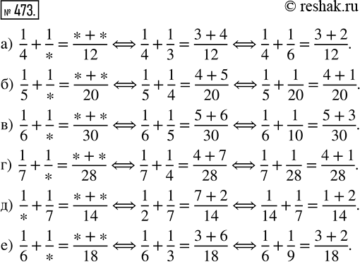  473.      ?    :) 1/4 + 1/* = (*+*)/12;   ) 1/6 + 1/* = (*+*)/30;   ) 1/* + 1/7 =...