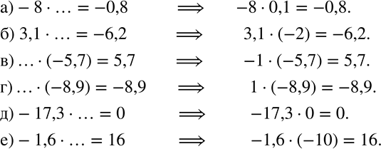  649        ,    :) -8 * ... = -0,8;		) 3,1 * ... = -6,2;		) ... * (-5,7) = 5,7;)...