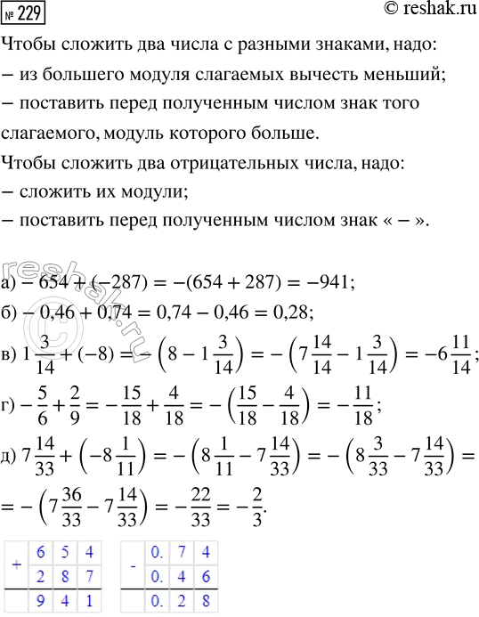  229.  :) -654 + (-287);     ) 1 3/14 + (-8);     ) 7 14/33 + (-8 1/11).) -0,46 + 0,74;      ) -5/6 +...