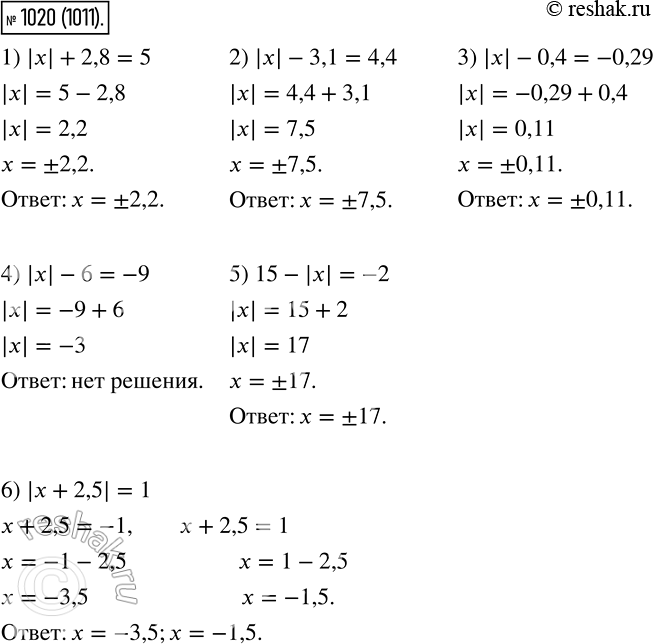  1020.  :1) |x|+ 2,8 = 5;	2) |x| -3,1 = 4,4;	3) |x| - 0,4 = -0,29;4) |x| - 6 = -9;5) 15- |x| = -26) |x + 2,5| =...