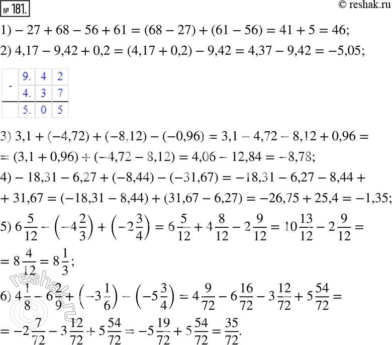  181.   :1) -27 + 68 - 56 + 61;2) 4,17 - 9,42 + 0,2;3) 3,1 + (-4,72) + (-8,12) - (-0,96);4) -18,31 - 6,27 + (-8,44) - (-31,67);5) 6 5/12...