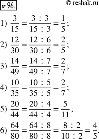  96.  .1) 3/15;    4) 10/35; 2) 12/30;   5) 20/44; 3) 14/49;   6)...