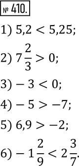  410.  :1) 5,2  5,25;    3) -3  0;     5) 6,9  -2;2) 7 2/3  0;     4) -5  -7;    6) -1 2/9  2...