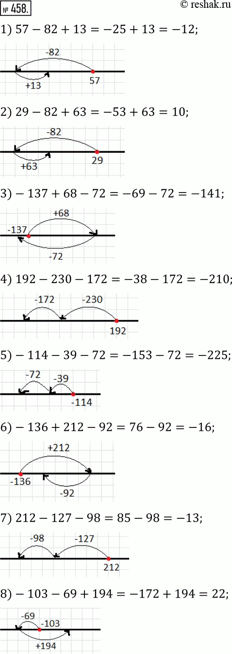  458.         :1) 57-82+13;      5) -114-39-72;2) 29-82+63;      6) -136+212-92;3) -137+68-72;    7)...