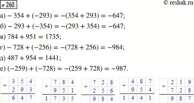  260.   :)-354+(-293); )-293+(-354); ) 784+951; )-728+(-256); ) 487+954; ) (-259)+(-728). ...