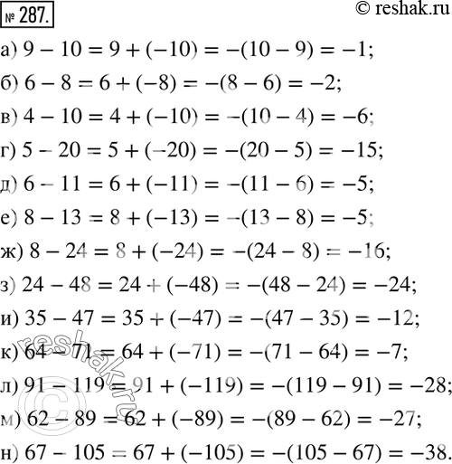  287.   :) 9-10=9+(-10)=-(10-9)=-1; ) 6-8; ) 4-10; ) 5-20; ) 6-11; ) 8-13; ) 8-24; ) 24-48; ) 35-47; ) 64-71; ) 91-119;...