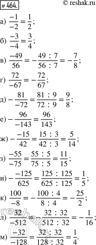  464.    :)  (-1)/(-2); )  (-3)/(-4); )  (-49)/56; )  72/(-67); )-81/(-72); )-96/(-143); )-(-15)/42; ) ...